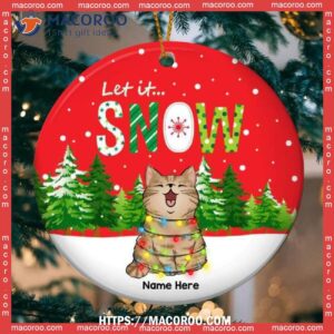 Custom Let It Snow Red Background Circle Ceramic Ornament, Cat Christmas Tree Ornaments