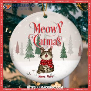 Custom Meowy Catmas Graytone Circle Ceramic Ornament, Kitty Ornaments