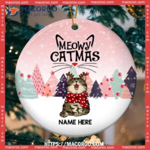 Custom Meowy Catmas Pinktone Circle Ceramic Ornament, Cat Ornaments For Christmas Tree