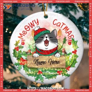 Custom Meowy Catmas Red Berries Circle Ceramic Ornament, Bengals Christmas Ornaments