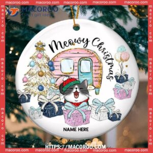 Custom Meowy Christmas Gift White Circle Ceramic Ornament, Cat Christmas Ornaments Personalized