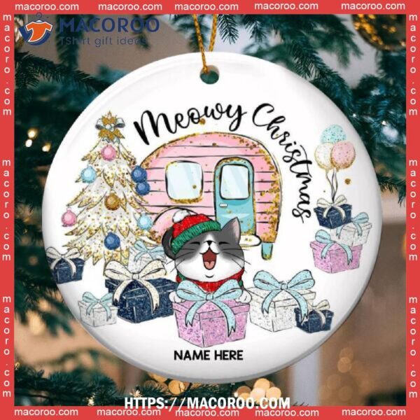 Custom Meowy Christmas Gift White Circle Ceramic Ornament, Cat Christmas Ornaments Personalized
