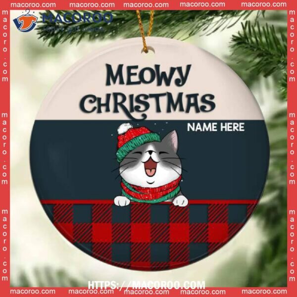 Custom Meowy Christmas Red Plaid Circle Ceramic Ornament, Grey Cat Ornaments