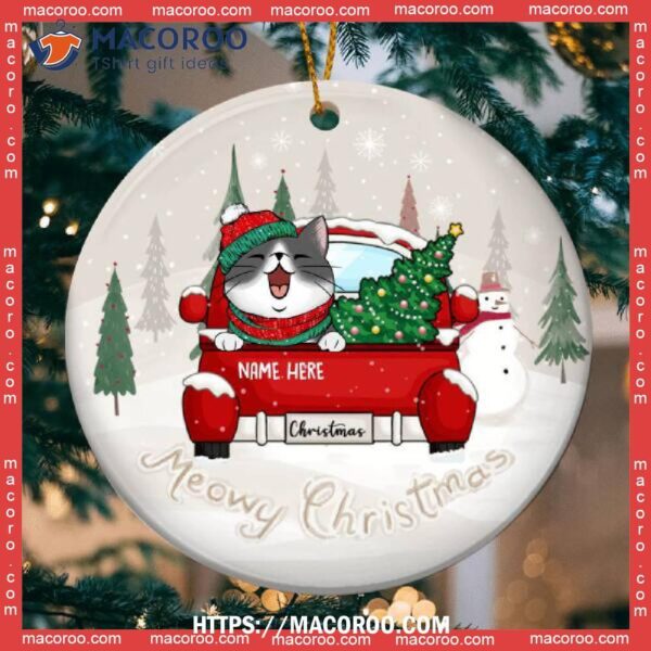 Custom Meowy Christmas Red Truck Circle Ceramic Ornament, Cat Lawn Ornaments