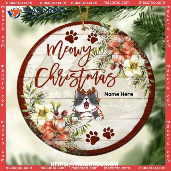 Custom Meowy Xmas Bright Wooden Circle Ceramic Ornament, Bengals Christmas Ornaments