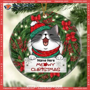 Custom Meowy Xmas Wreath Around Circle Ceramic Ornament, Cat Christmas Tree Ornaments