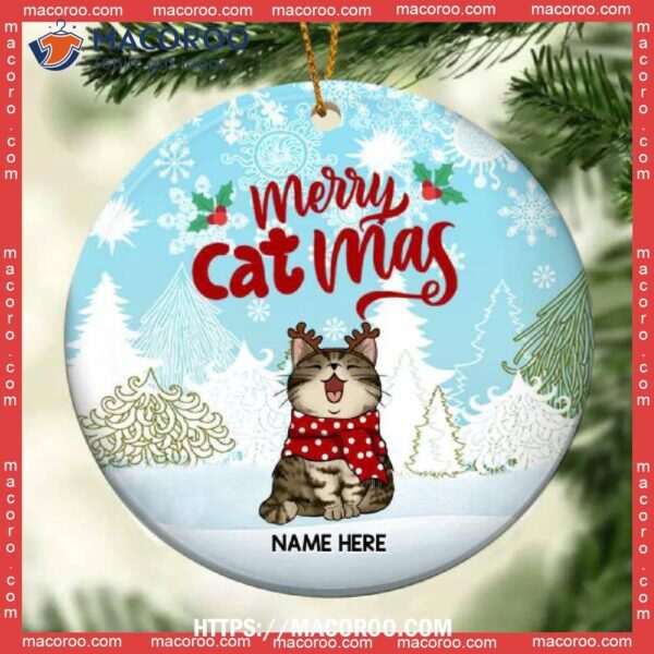 Custom Merry Catmas Blue Sky Circle Ceramic Ornament, Cat Christmas Ornaments Personalized