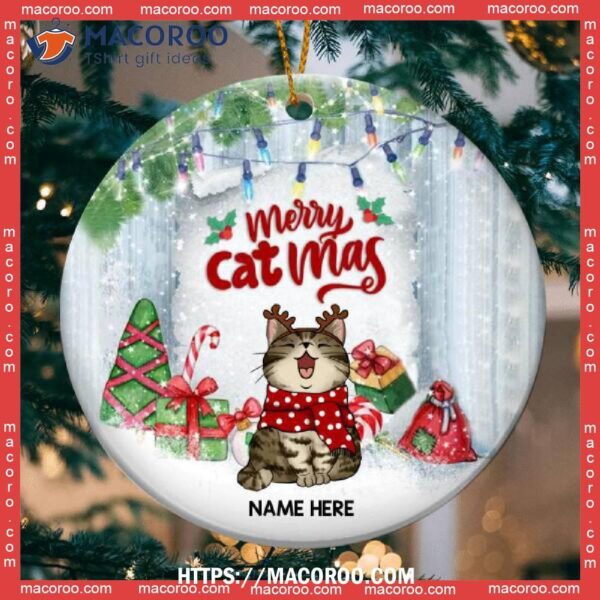Custom Merry Catmas Silver Circle Ceramic Ornament, Bengals Christmas Ornaments