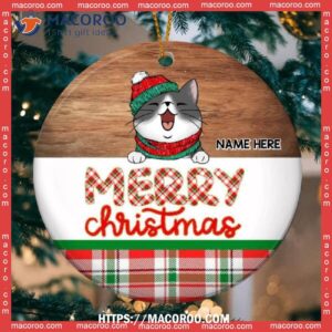 Custom Merry Christmas Plaid Circle Ceramic Ornament, Cat Christmas Ornaments Personalized