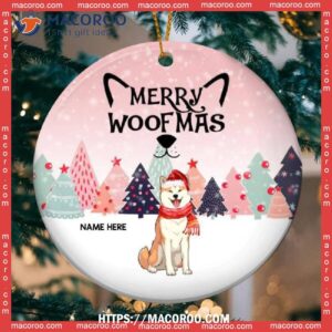 Custom Merry Woofmas Pinktone Circle Ceramic Ornament, Dog Christmas Decor