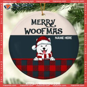 Custom Merry Woofmas Red Plaid Circle Ceramic Dog Paw Ornament