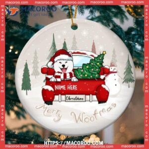 Custom Merry Woofmas Red Truck Circle Ceramic Ornament, Paw Print Ornament