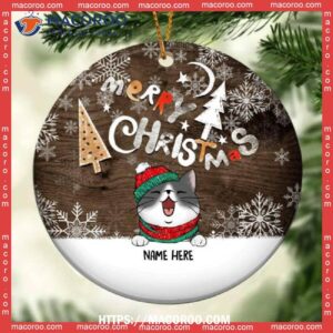 Custom Merry Xmas Brown Wooden Circle Ceramic Ornament, Cat Christmas Tree Ornaments