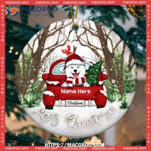 Custom Merry Xmas Dogs On Red Car Circle Ceramic Ornament, Dogs First Christmas Ornament