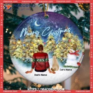 Custom Merry Xmas Family & Cat Circle Ceramic Ornament, Bengals Christmas Ornaments