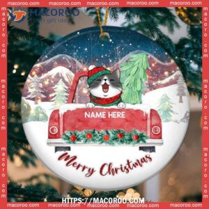 Custom Merry Xmas Red Truck Circle Ceramic Ornament, Cat Christmas Tree Ornaments