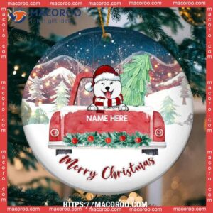 Custom Merry Xmas Red Truck Circle Ceramic Golden Retriever Ornament