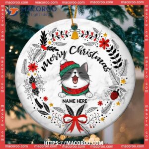 Custom Merry Xmas White Marble Circle Ceramic Ornament, Cat Lawn Ornaments