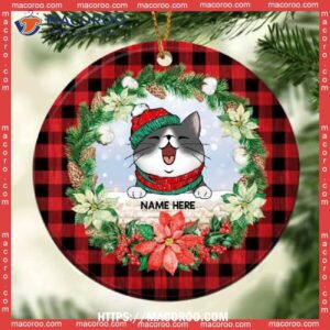Custom Red Plaid And Wreath Around Circle Ceramic Ornament, Kitty Ornaments