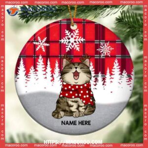 Custom Red Plaid Xmas Circle Ceramic Ornament, Cat Tree Ornaments