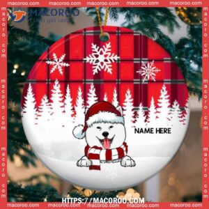 Custom Red Plaid Xmas Circle Ceramic Ornament, Personalized Dog Lovers Decorative Christmas Ornament, Dog Paw Ornament