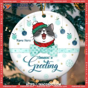 Custom Season’s Greeting Mint Bow Circle Ceramic Ornament, Cat Christmas Ornaments Personalized