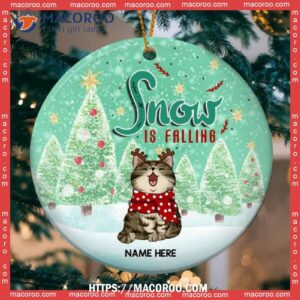 Custom Snow Is Falling Green Circle Ceramic Ornament, Cat Christmas Tree Ornaments