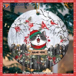 Custom Winter Cardinals & Berries Circle Ceramic Ornament, Cat Tree Ornaments