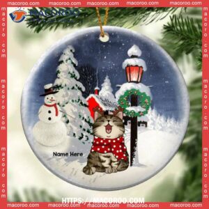 Custom Winter Cat In Snow At Night Circle Ceramic Ornament, Bengals Christmas Ornaments