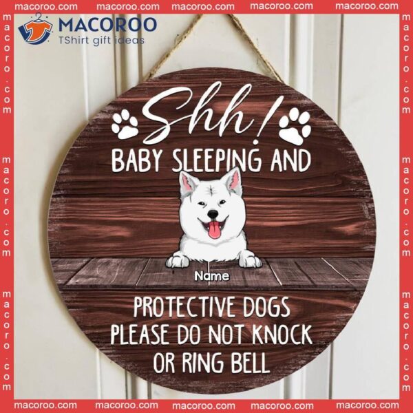 Custom Wooden Sign, Gifts For Dog Lovers, Shh Sleeping Baby And Protective Dogs Please Do Not Knock