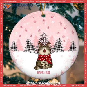 Custom Xmas Cat Pinktone Circle Ceramic Ornament, Cat Ornaments For Christmas Tree
