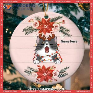 Custom Xmas Cats On Pink Wooden Circle Ceramic Ornament, Grey Cat Ornaments