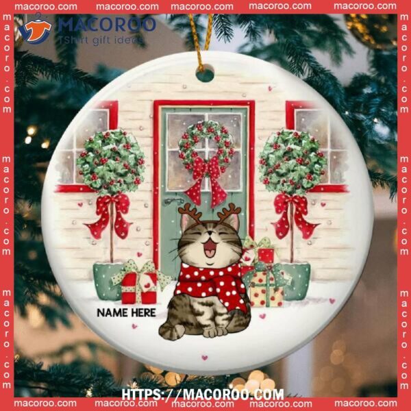 Custom Xmas Green Door Red Windows Circle Ceramic Ornament, Cat Christmas Tree Ornaments
