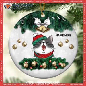 Custom Xmas Pine Branch Decor Circle Ceramic Ornament, Cat Ornaments For Christmas Tree