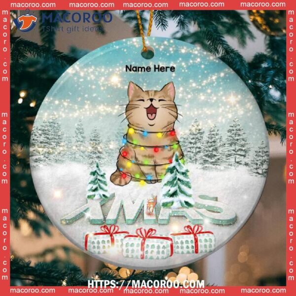 Custom Xmas White Mint Tone Circle Ceramic Ornament, Cat Christmas Ornaments Personalized