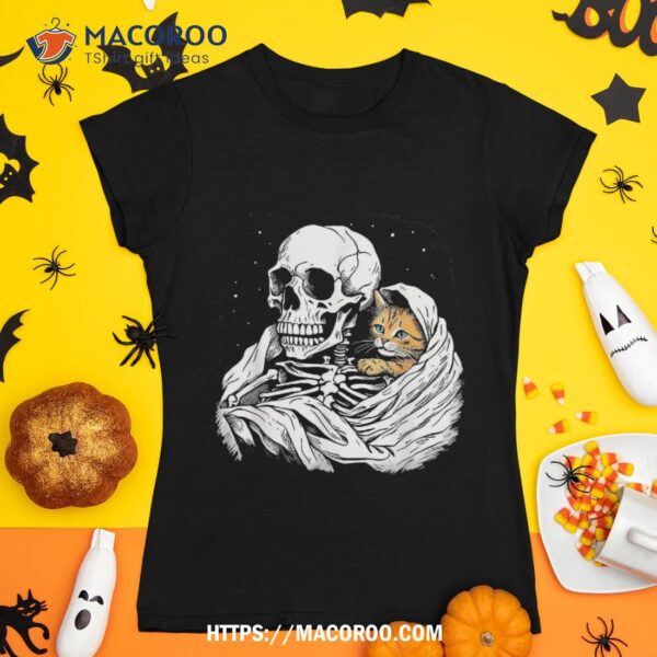 Cute Cat And Spooky Scary Skeleton Friendship Halloween Art Shirt, Sugar Skull Pumpkin