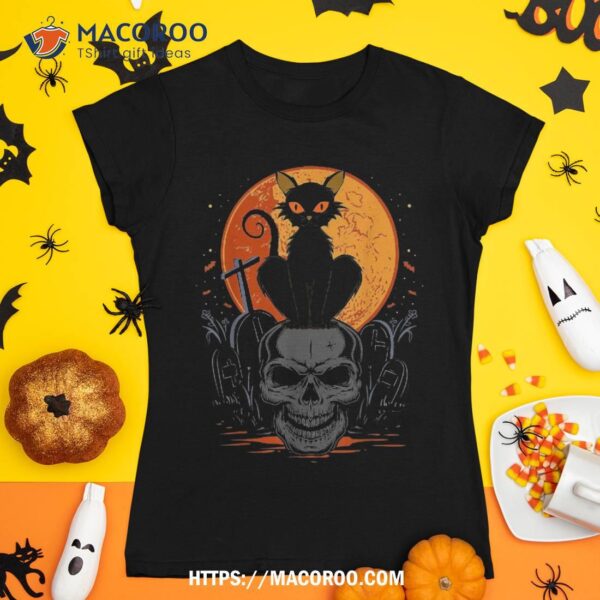 Cute Halloween Gothic Black Cat Standing On Skull Art Shirt, Sugar Skull Pumpkin