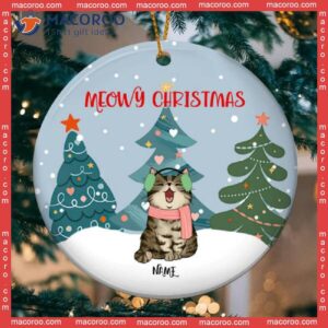 Cute Pine Trees With Christmas Cats,meowy Circle Ceramic Ornament, Personalized Cat Lovers Decorative Ornament