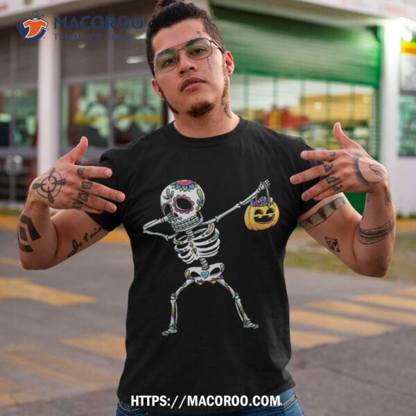 Dabbing Sugar Skull Skeleton With Pumpkin Halloween Shirt, Halloween Skull