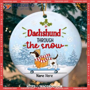 Dachshund Through The Snow Bluetone Circle Ceramic Ornament, Dog Christmas Decor
