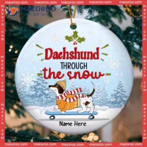 Dachshund Through The Snow Bluetone Circle Ceramic Ornament, Personalized Dog Lovers Decorative Christmas Ornament