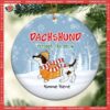 Dachshund Through The Snow Circle Ceramic Ornament, Personalized Cat Lovers Decorative Christmas Pine Forest And