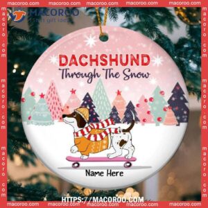 Dachshund Through The Snow Pinktone Circle Ceramic Ornament, Dog Memorial Ornament
