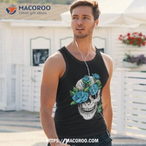 dia de los muertos halloween grinning skull with blue rose shirt skeleton masks tank top