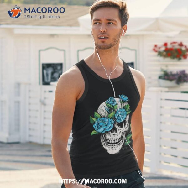 Dia De Los Muertos Halloween Grinning Skull With Blue Rose Shirt, Skeleton Masks