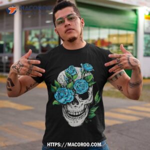 dia de los muertos halloween grinning skull with blue rose shirt skeleton masks tshirt