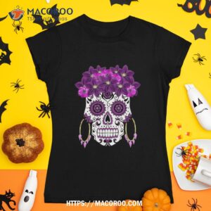 dia de los muertos purple floral sugar skull shirt skeleton head tshirt 1