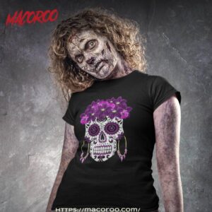 dia de los muertos purple floral sugar skull shirt skeleton head tshirt