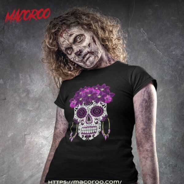 Dia De Los Muertos Purple Floral Sugar Skull Shirt, Skeleton Head