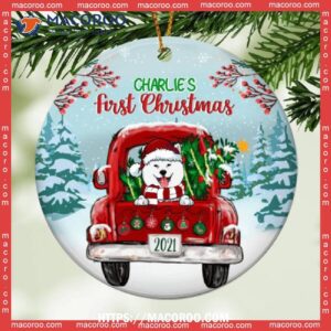 Dog 1st Christmas, Red Truck Circle Ceramic Ornament, Dog Paw Ornament